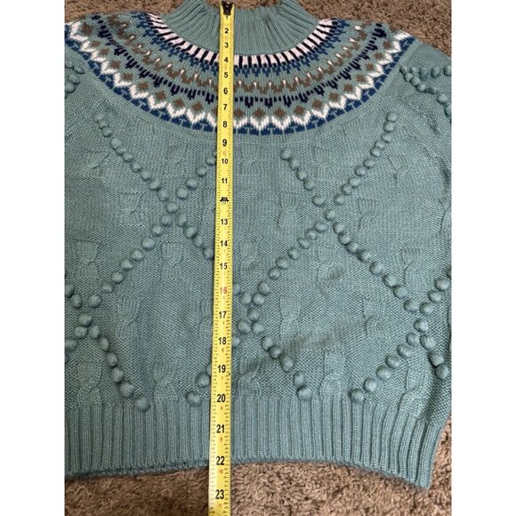 Vintage Fair Isle Green Sweater Pompom Cozy Cabin Cottagecore Fall Autumn S - Picture 6 of 7